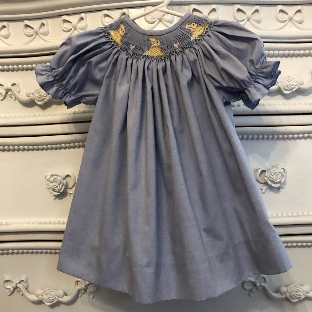 9 months VIVE LA FETE COLLECTION BEBE smocked bishop Easter dress blue bunnies